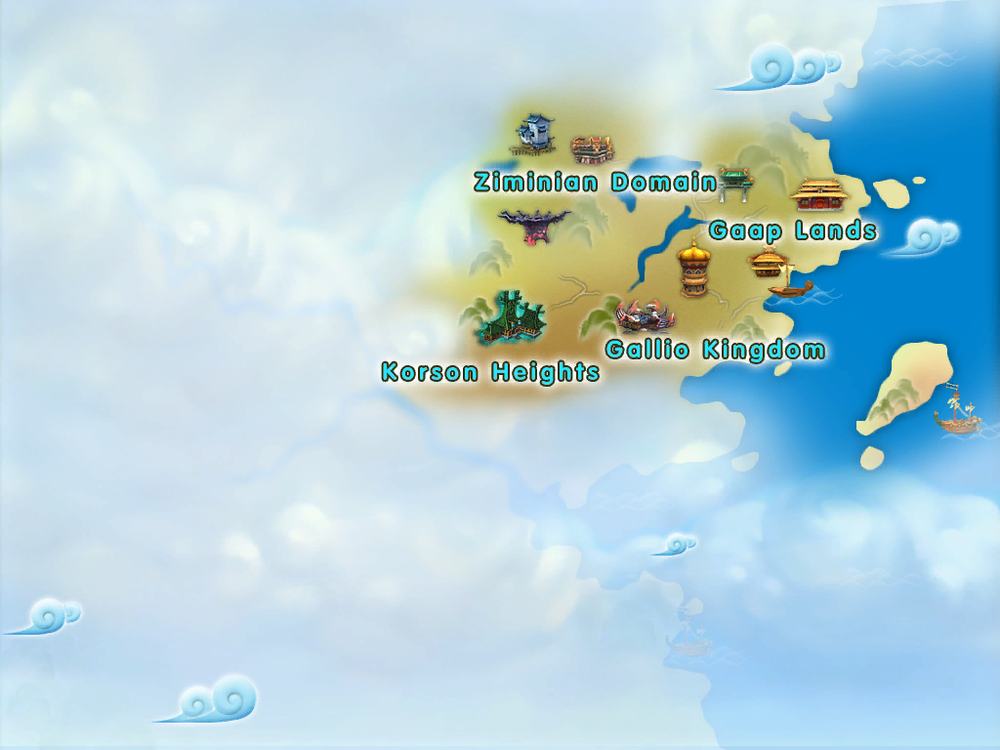 The world map: Ziminian Domain, Gaap Lands, Gallio Kingdom, Korson Heights