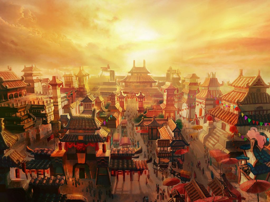 A crowded capital at golden hour, from the client's zone loading art